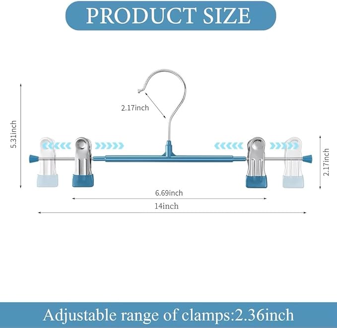 14Inch Blue Pants Hangers with Clips 10 Pack Adjustable Skirt Hangers for Women Non-Slip Trousers Hanger for Jeans Clothes Hangers for Pants Heavy Duty Space Saving Shorts Hangers