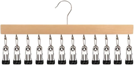 Closet Organizer with 12 Clips, 2026 New Upgraded Space Saving Hanger with 360° Rotating Metal Clips Silicone Lining for Scarves, Pants, Skirts, Towels (Wood, 1 PCS)