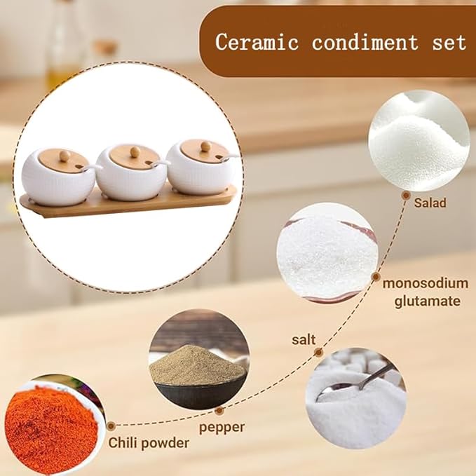 Ceramic Seasoning Container Spice Jar, Home Kitchen Seasoning Box Food Storage Container with Bamboo Lid and Bamboo Tray, Ceramic Spoon 200 ml (7 oz), Set of 3 Bottles, Suitable for Kitchen