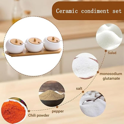 Ceramic Seasoning Container Spice Jar, Home Kitchen Seasoning Box Food Storage Container with Bamboo Lid and Bamboo Tray, Ceramic Spoon 200 ml (7 oz), Set of 3 Bottles, Suitable for Kitchen