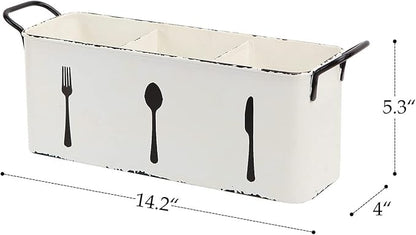 NIKKY HOME Farmhouse Utensil Holder for Countertop, Flatware Cutlery Caddy Silverware Holder Spoons Knives Forks Organizer Kitchen Decor - Distressed White