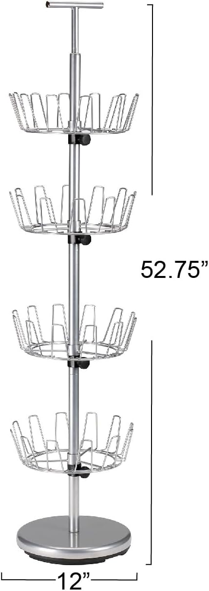 Household Essentials 4-Tier Revolving Shoe Tree, Heavy-Duty Steel with Stabilized Base, Holds 24 Pairs of Shoes, Great for Most Styles, Chromelike Finish