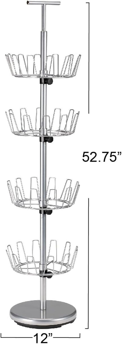 Household Essentials 4-Tier Revolving Shoe Tree, Heavy-Duty Steel with Stabilized Base, Holds 24 Pairs of Shoes, Great for Most Styles, Chromelike Finish