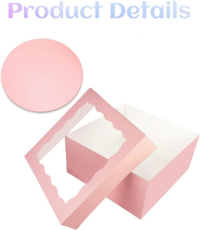 qiqee Pink 10x10x8 Cake Box, 4 Sets Cake Box with Window ＆ 4 Sets 10" Cake Round Boards, 10inch Cake Containers, 10 Meters Pink Silk Ribbon Includes
