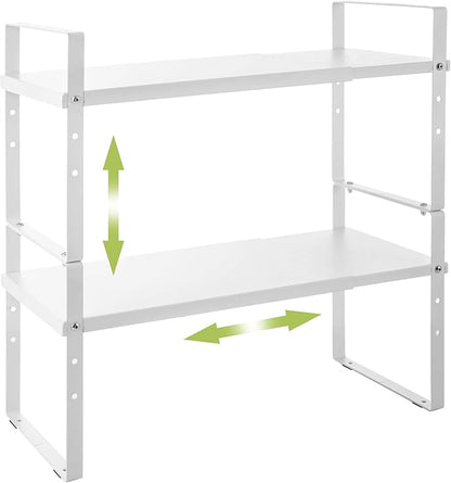 Across-Star Expandable Cabinet Shelf Organizer Rack, Stackable Kitchen Counter Storage Shelves Stand, Adjustable Height Pantry Shelf Spice Rack (White, 2 Pack)