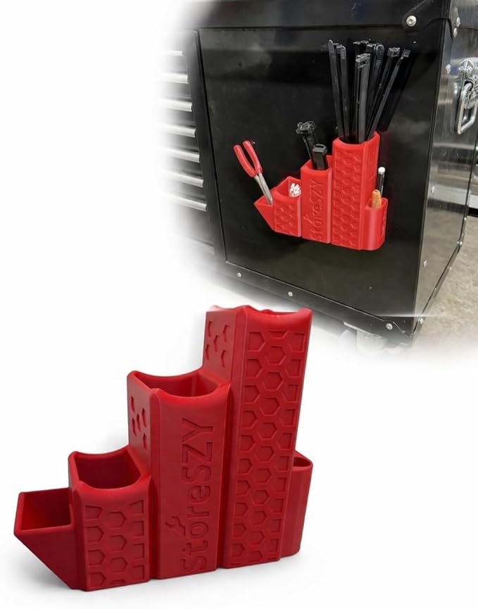 ZipStation Pro Zip Tie Organizer – 3 Tier Holder with Cutter Slot & Pen Storage – Magnetic Toolbox Organizer (Red)