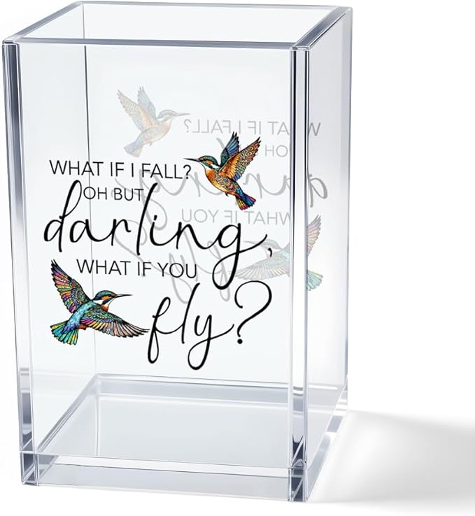 What If I Fall What If You Fly Acrylic Cosmetic Pencil Pen Holder Cup, Hummingbird Lover Gifts Desk Organizer Accessory for Office Decor, Inspirational Gifts for Women Girl Coworker Boss Friend