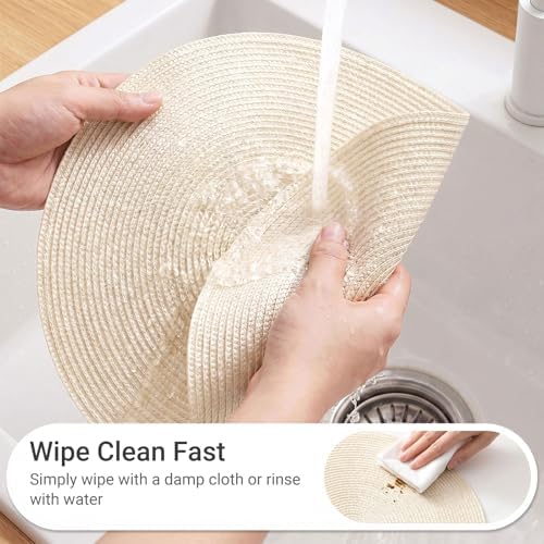 FunWheat Round Braided Placemats Set of 4 Table Mats for Dining Tables Woven Washable Non-Slip Place mats 15inch (Beige, 4pcs) - Image 4