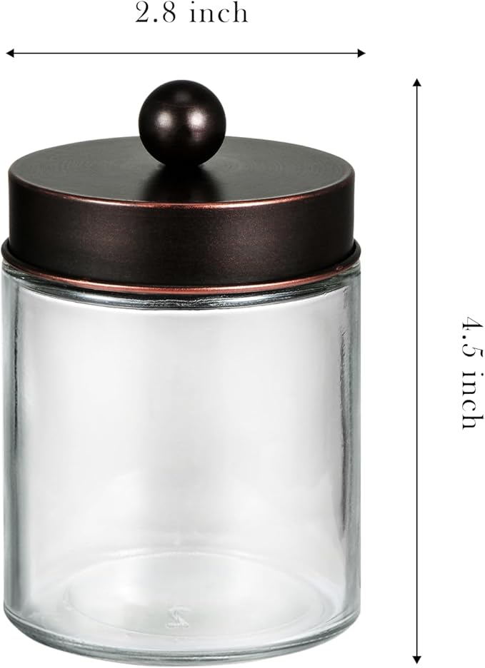 SheeChung 2-Pack Qtip Holder Dispenser-Glass Apothecary Jars with Rust-Proof Stainless Steel Lids-Vintage Rustic Farmhouse Bathroom Vanity Organizer for Cotton Swabs, Balls, Pads(Oil Rubbed Bronze