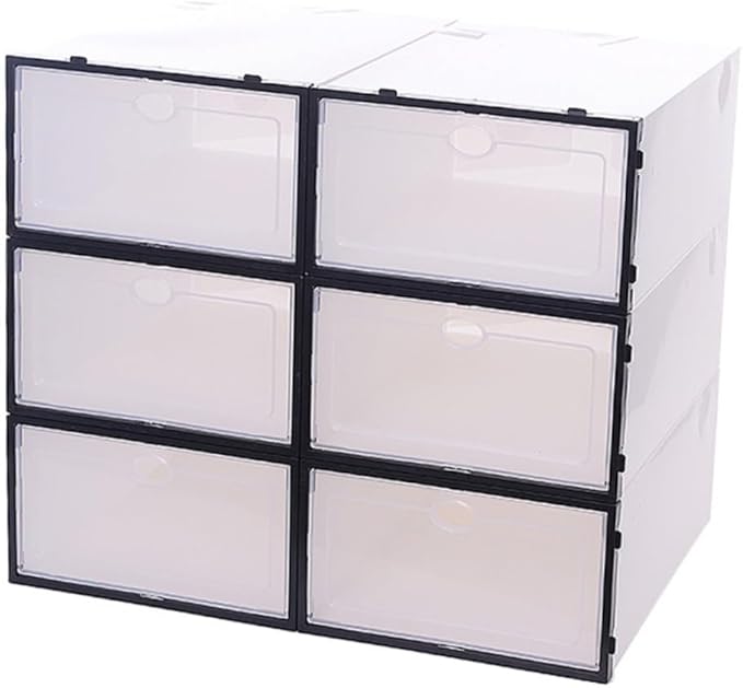 6PCS Thickened Transparent Shoe Containers Plastic Storage Boxes for Men Black Frame White Stackable Organizer for Closet and Shelf Shoes Storage