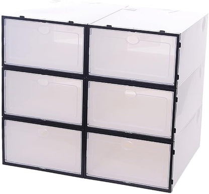 6PCS Thickened Transparent Shoe Containers Plastic Storage Boxes for Men Black Frame White Stackable Organizer for Closet and Shelf Shoes Storage