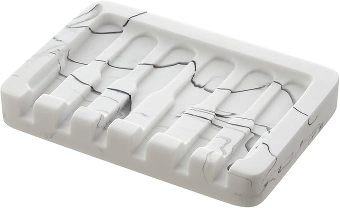 INIUNIK Self Draining Soap Dish - Marble Look Soap Holder Tray Savers Box Container Sponge Holder for Bathroom Shower Kitchen, White