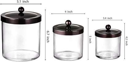 SheeChung 3-Pack Plastic Apothecary Jars with Bronze Metal Lids - Large 50oz, 25oz & 15oz Clear Acrylic Storage Set - Shatterproof Bathroom Vanity & Kitchen Organizer - Modern Farmhouse Rustic Decor