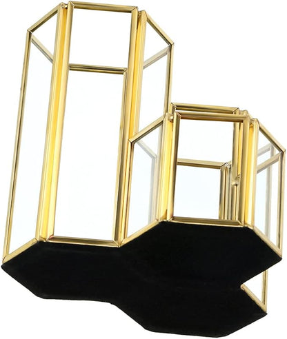 Hipiwe 3 Slots Glass Makeup Brush Holder - Gold Hexagon Cosmetics Brush Eyeliners Display Cup Home Decorative Makeup Organizer Desktop Pen/Pencil Pot Holder for Office
