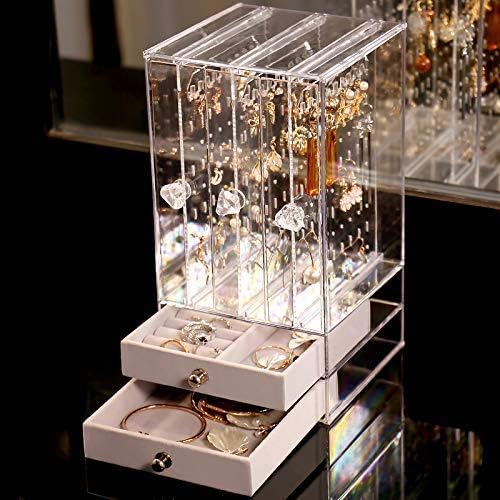 Sooyee 4 Doors Foldable Necklace Hanging Jewelry Organizer Double Sided Stand Display & 5 Drawers,Dustproof Jewelry Rack Display, Clear