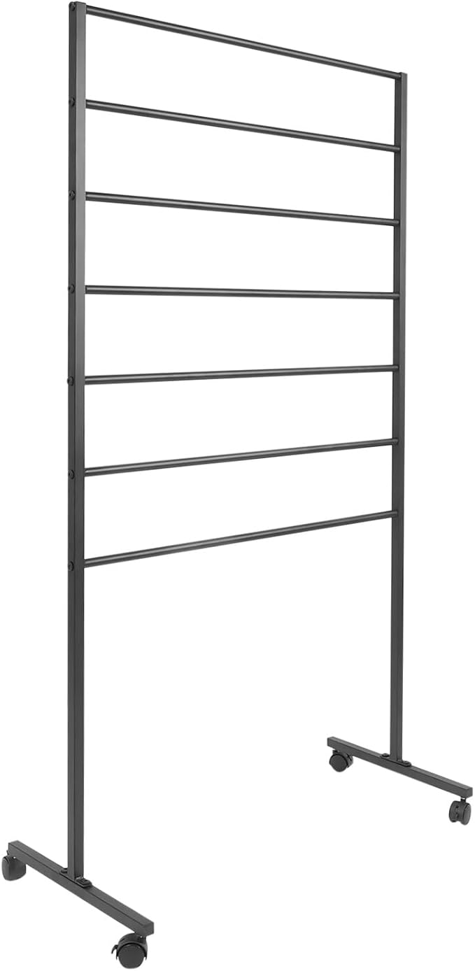 7 Tier Metal Display Rack with Wheels, Floor Standing Scarf Display Stand, Hijab Rack for Retail Stores, Towel, Belts, Ties, and Pants (Black, 7 Tier)