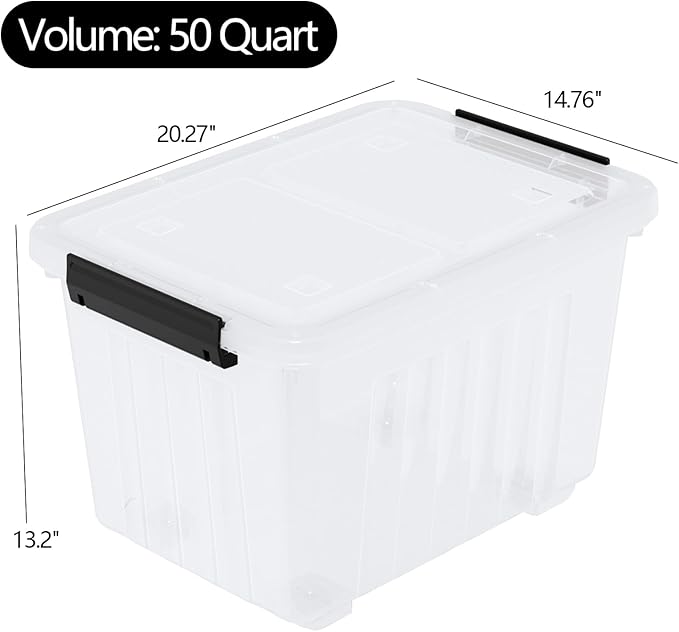 50 Quart Large Plastic Storage Bins with Wheels, Clear Storage Boxes with Lids, 4 Packs