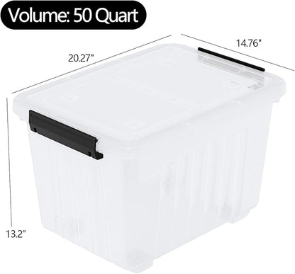 50 Quart Large Plastic Storage Bins with Wheels, Clear Storage Boxes with Lids, 4 Packs