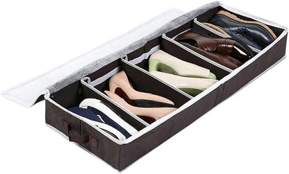 OSALADI Multi-purpose Small Shoe Storage Box with Window Non-woven Portable Shoes Organizer for Closet and Dormitory Space-saving Sectioned Storage Case in Coffee Color