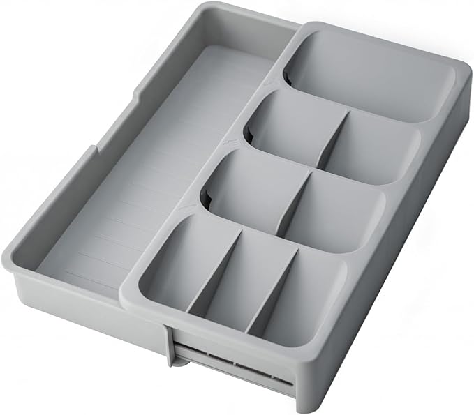 Expandable Silverware Drawer Organizer Tray, Adjustable Utensil Holder for Kitchen Drawers, BPA-Free Plastic Cutlery and Flatware Storage Divider