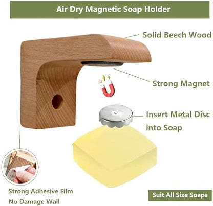 2sets Wood Magnetic Bar Soap Holder for Shower Wall,Magnet Air Dry Soap Saver Self Draining, Eco-Friendly Wooden Soap Dish for Soaps & Beard Shampoo Bars