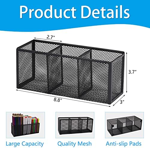 2PCS Black Mesh Pen Pencil Holder, Small Metal Desk Organizer Desktop Stationery Office Supplies Acessories Storage Stand, 3 Compartments Brushes Holder for Home School Classroom Teachers - Image 2