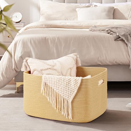 OIAHOMY 75L Large Blanket Basket Woven Storage Basket with Handle Yellow - Image 4
