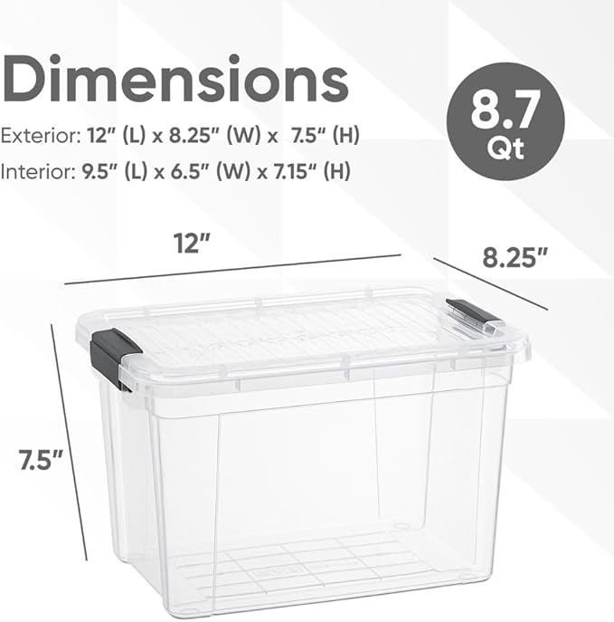 Superio Small Clear Storage Box with Lid, 8.75 Quart Plastic Container Bins for Organizing, Stackable Crates, BPA Free, Non Toxic, Odor Free, Organizers for Home, Office, School, and Dorm