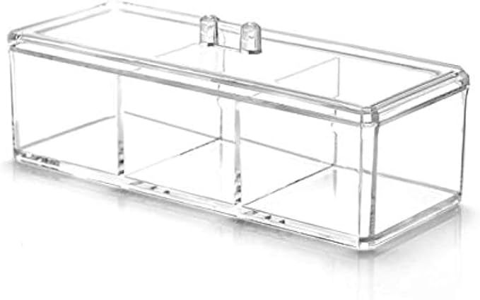 Square Acrylic Cotton Ball Pads Gauze Swab Holder Organizer Q-tip Dispenser Storage Canister Bathroom Container Flossers Box Case (9.3x3.7x3 in, 1 Tier, 3 Partitions, Transparent)