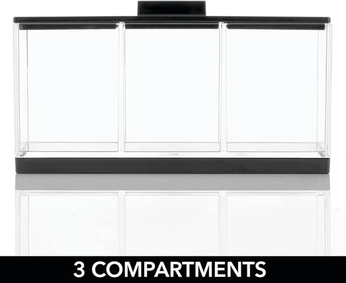 mDesign Cosmetic Divided Organizer Storage Canister Box with 3 Sections and Lid for Bathroom Vanity Countertop - Holder for Cotton Swabs, Perfume, Lipstick - Lumiere Collection - Clear/Black