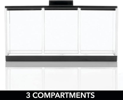 mDesign Cosmetic Divided Organizer Storage Canister Box with 3 Sections and Lid for Bathroom Vanity Countertop - Holder for Cotton Swabs, Perfume, Lipstick - Lumiere Collection - Clear/Black