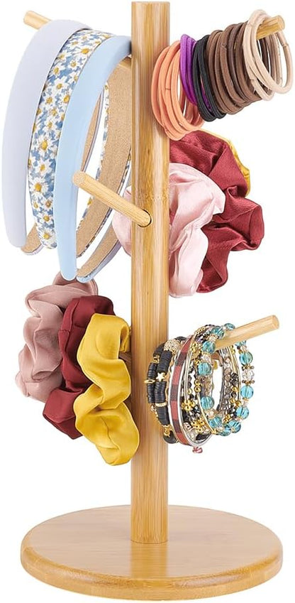 PH PandaHall Wooden Scrunchie Holder Hair Tie Headband Storage Organizer Portable Watch Holder 6 Branches Bracelet Jewellery Dresser Display Stand for Home Bedroom Housewarming Gift 14x6.3