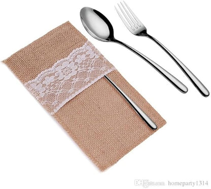 MDS Pack Of 150 Wedding Burlap 4 x 8 Inch Burlap Lace Utensil Cutlery Holders Pouch Silverware Holder Knifes Forks Bags Burlap Napkin Bag for Rustic Wedding Party and Tableware Decorations