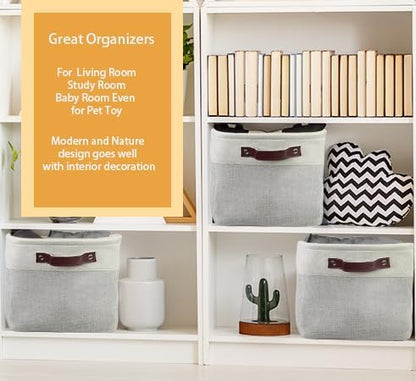Simple Houseware 15" x 11" Large Fabric Storage Bin for Closet and Shelves, Leather Like Handles, 3 Pack, Gray