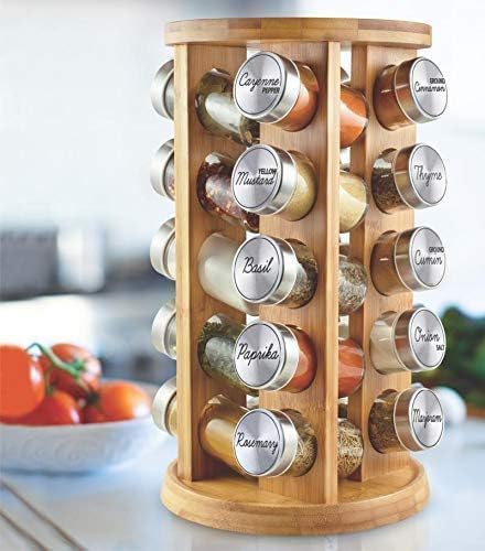 Orii 20 Jar Rotating Bamboo Spice Rack with Spices Included & 5-Year Free Spice Refill Program – Revolving Countertop Spice Rack with Glass Jars