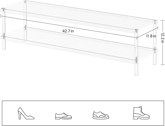 Aquiver Acrylic Long Shoe Rack - 2 Tier Shoe Organizer for Closet- Wide Shoe Shelf Clear Shoes Rack for Entryway, 42.7'' L x 11.8'' W x 12.2'' H, Easy Assembly & Clean