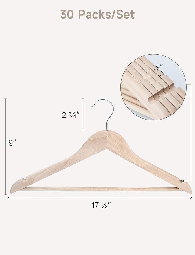 StorageWorks Clothes Hanger 30 Pack, Wooden Coat Hangers for Shirts, Jackets, Pants, Suits, Sweaters, Lotus Wood