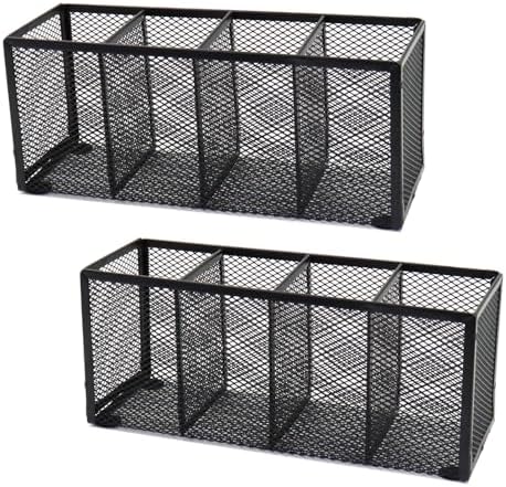 2PCS Black Mesh Pen Pencil Holder, Metal Desk Organizer Desktop Stationery Office Supplies Acessories Storage Stand, 4 Compartments Brushes Holder for Home School Classroom Teachers by Flytreal