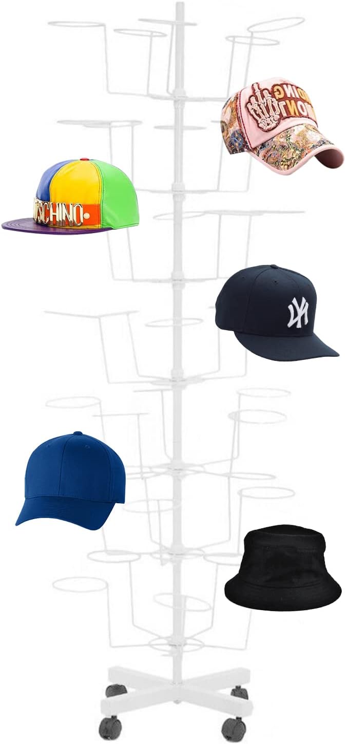 Floor Stand 7 Tier 35 Hats Rotating Hat Display Rack Cowboy Baseball Hat Stand Hang Organizer Retail Hat Rack Rotating Spinner Stand Fit Shop Standing Hat Rack Baseball Cap Display (White)