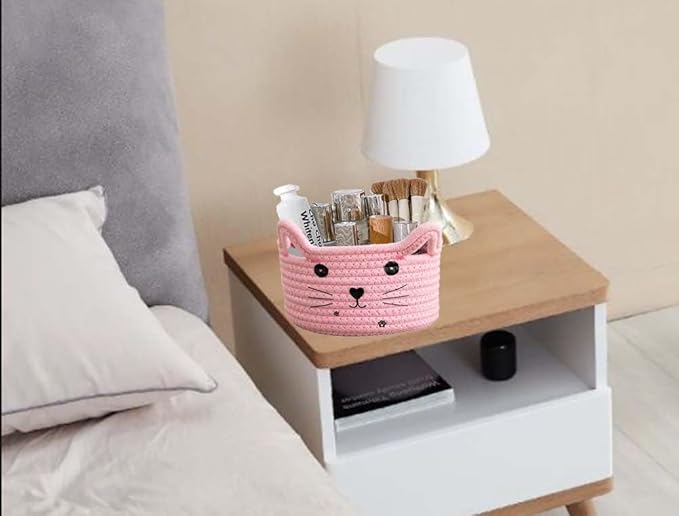 Pet Toy Basket Organzier Cotton Rope Basket Cute Storage Bin Pink Baby Nursery Basket With Ears Gifts Basket For Pet Lover 8.3 x 4.7 inches,Pink