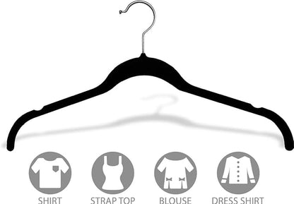 Black Velvet Ultra Thin Slimline Hanger with Notches, (Box of 25) Space Saving Flocked Top Hangers with Chrome Hook