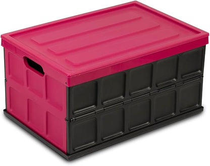 Glad Collapsible Storage Bin with Lid - 48L Foldable Plastic Box for Garage, Car Trunk, and Organization - Stackable Lidded Container with Handles, Purple