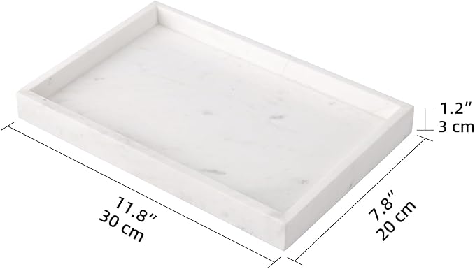 Marble Bathroom Vanity Tray, Natural Luxury Vanity Home Kitchen Bathroom Table Tray, Stone Decorative Countertop Dresser Trays for Key Coffee Perfume Jewelry Makeup (Jazz White, 12"x 8" x1.2")