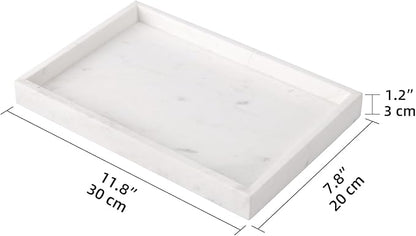 Marble Bathroom Vanity Tray, Natural Luxury Vanity Home Kitchen Bathroom Table Tray, Stone Decorative Countertop Dresser Trays for Key Coffee Perfume Jewelry Makeup (Jazz White, 12"x 8" x1.2")