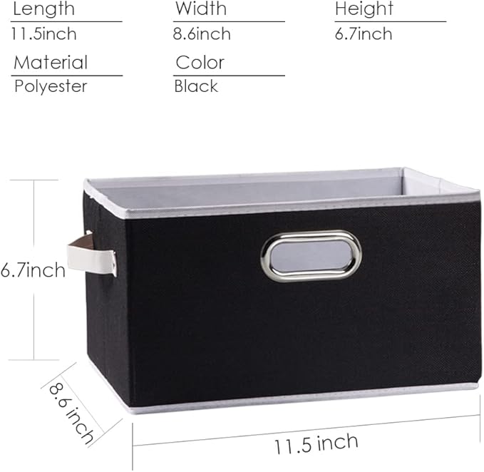 PRANDOM Fodable Storage Bins for Closet [3-pack] Decorative Fabric Storage Baskets Cubes with Leather/Metal Handles for Shelves Bedroom Living Room Black (11.5x8.5x6.7 Inch)