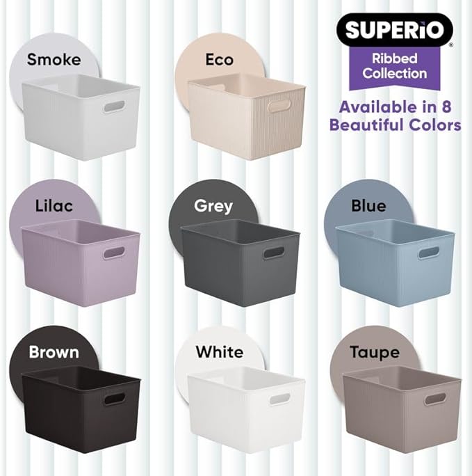 Decorative Plastic Basket Open Home Storage Bins Organizer, X-Large Taupe (2 Pack) Container Boxes for Organizing Closet Storage Bins for Shelves Drawer Shelf - Ribbed Collection 22 Liter/23 Quart