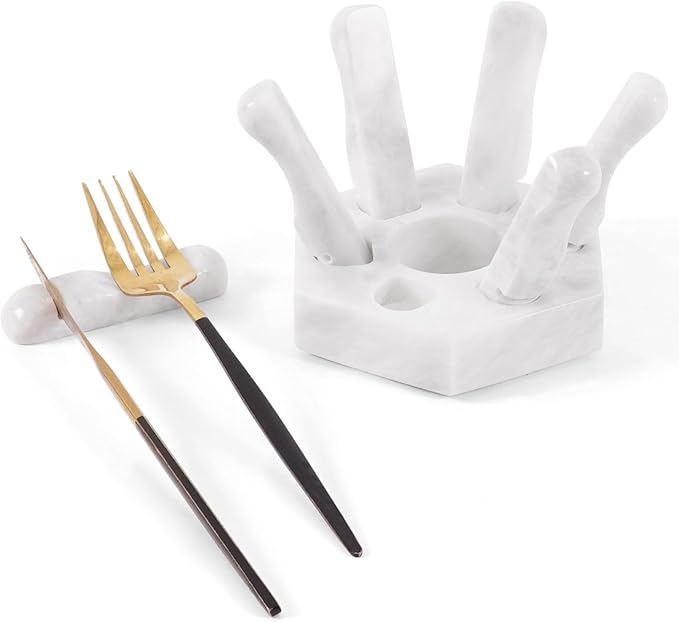 Marble Utensil Rest White Kitchen Counter Spoon Holder for Fork, Knife and Cutlery, Kitchen Utensil Rest for Clean and Organized Counter