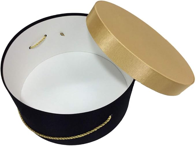 Sarah's Hat Boxes Classic Black/Gold Hat Box – 8.75" x 4.5" (Dia. x Ht.) Handmade in USA – Odorless Non-Toxic Adhesive, Cording Handle – Premium Storage for Hats & Accessories