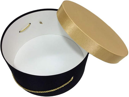 Sarah's Hat Boxes Classic Black/Gold Hat Box – 18.5" x 9.5" (Dia. x Ht.) Handmade in USA – Odorless Non-Toxic Adhesive, Cording Handle – Premium Storage for Hats & Accessories
