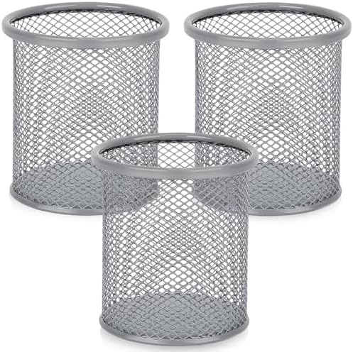 Segarty Pen Holder for Desk, 3 Pack Round Silver Pen Holder, Wire Mesh Pencil Cup Holder Containers Set, Desktop Organizer for Office Supplies, School Classroom, Home, Makeup Brush by Segarty